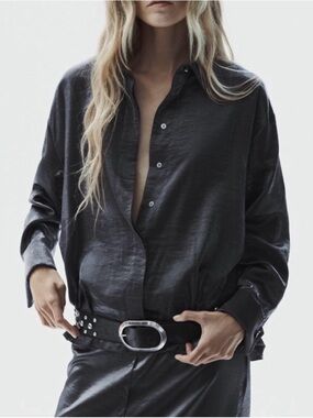 Zara Shiny Charcoal Black Satin Button-Up Shirt
